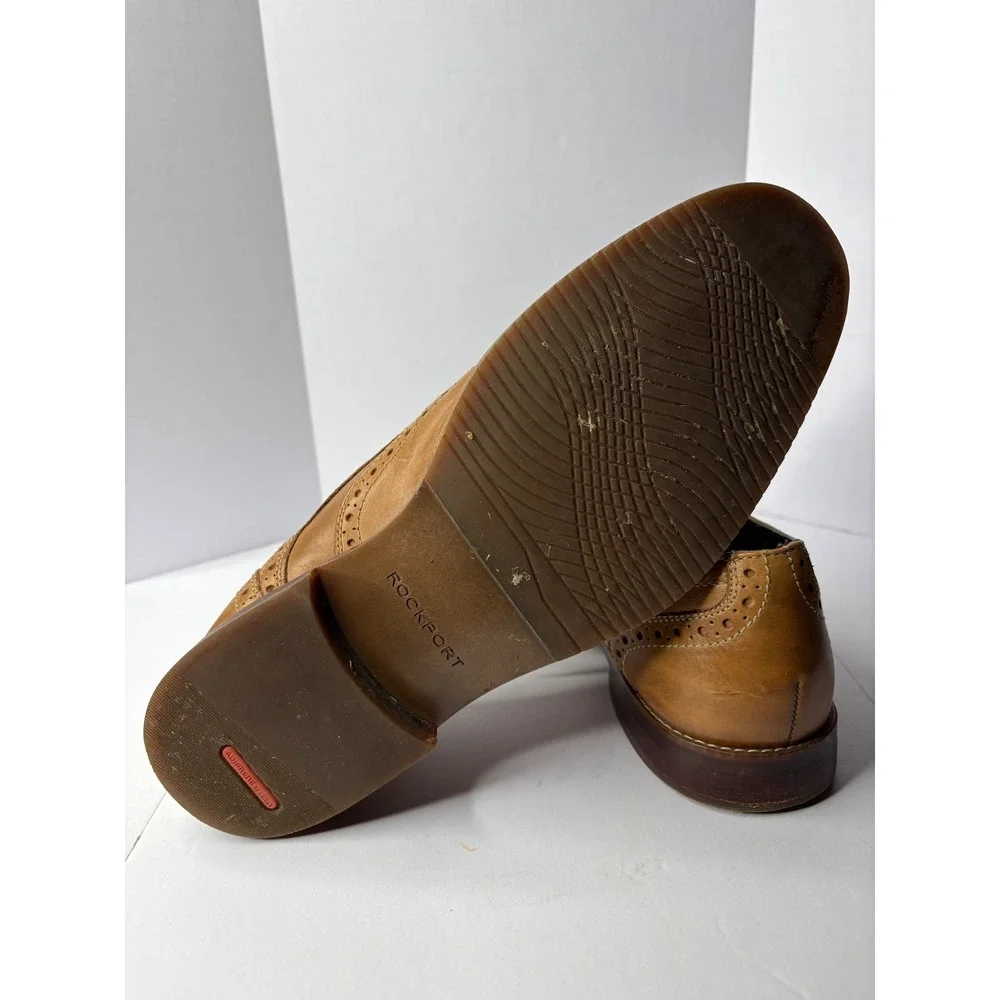 Rockport Mens‎ Tan Leather Wingtip Oxford Brogue Dress Shoes Shock Absorbing